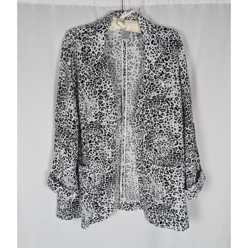Multiples Blazer XL Women's White Leopard Print Open Front Long Sleeve Pockets